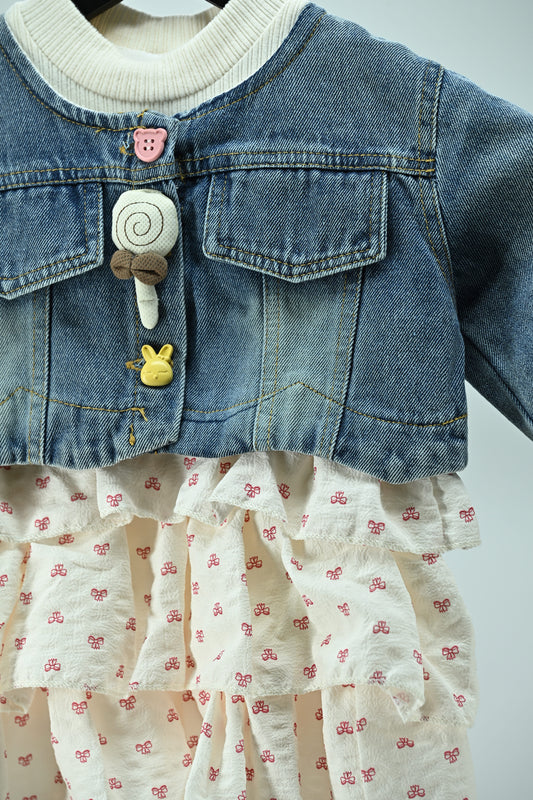 Girls Denim Jacket Dress with Cotton Printed Skirt (2-Piece Set)