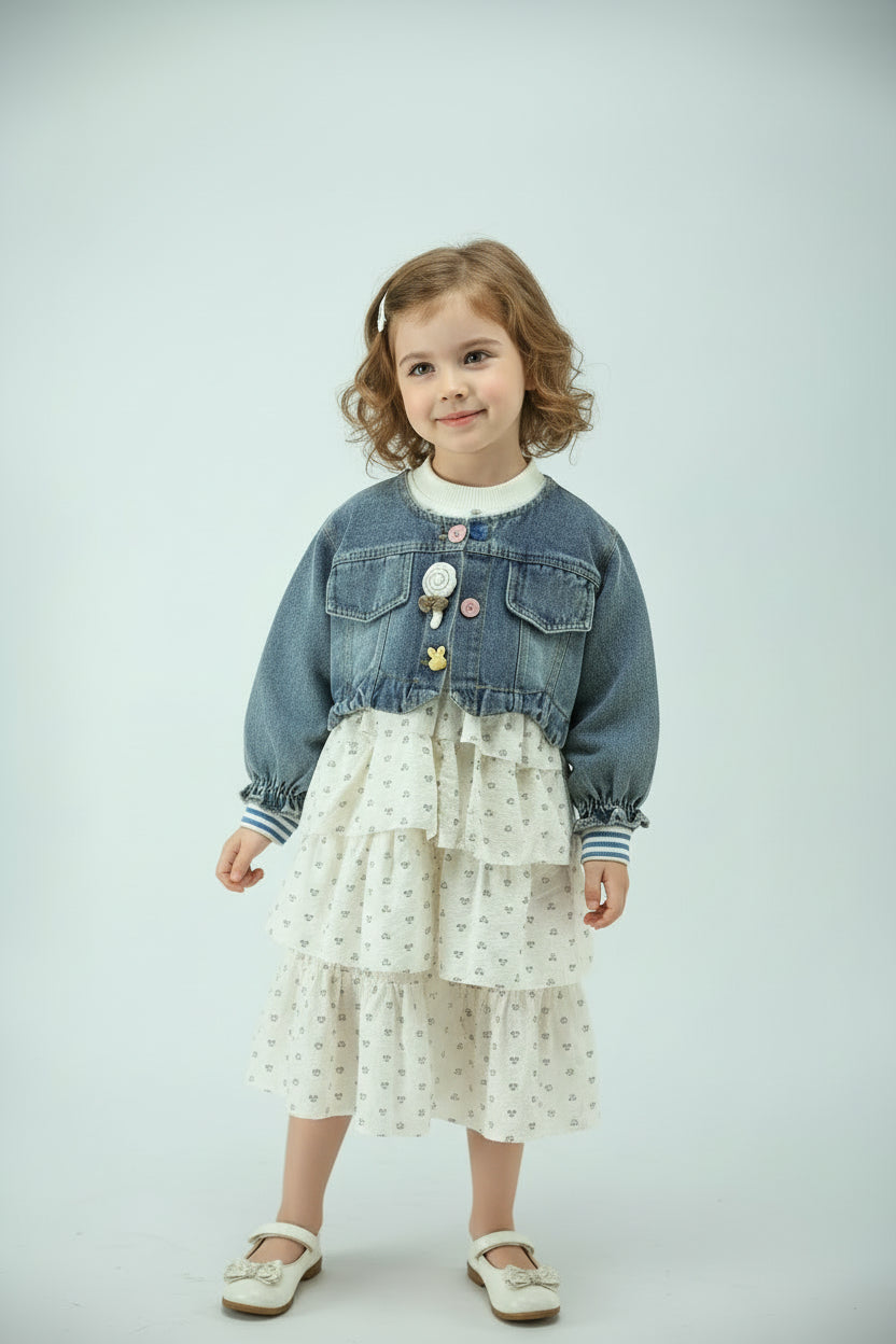 Girls Denim Jacket Dress with Cotton Printed Skirt (2-Piece Set)