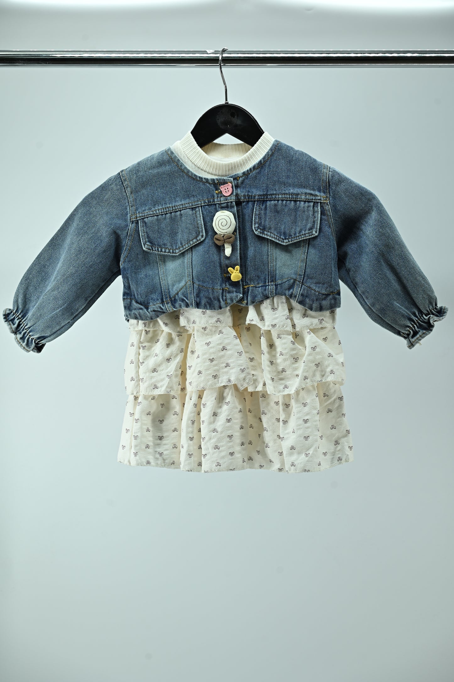 Girls Denim Jacket Dress with Cotton Printed Skirt (2-Piece Set)