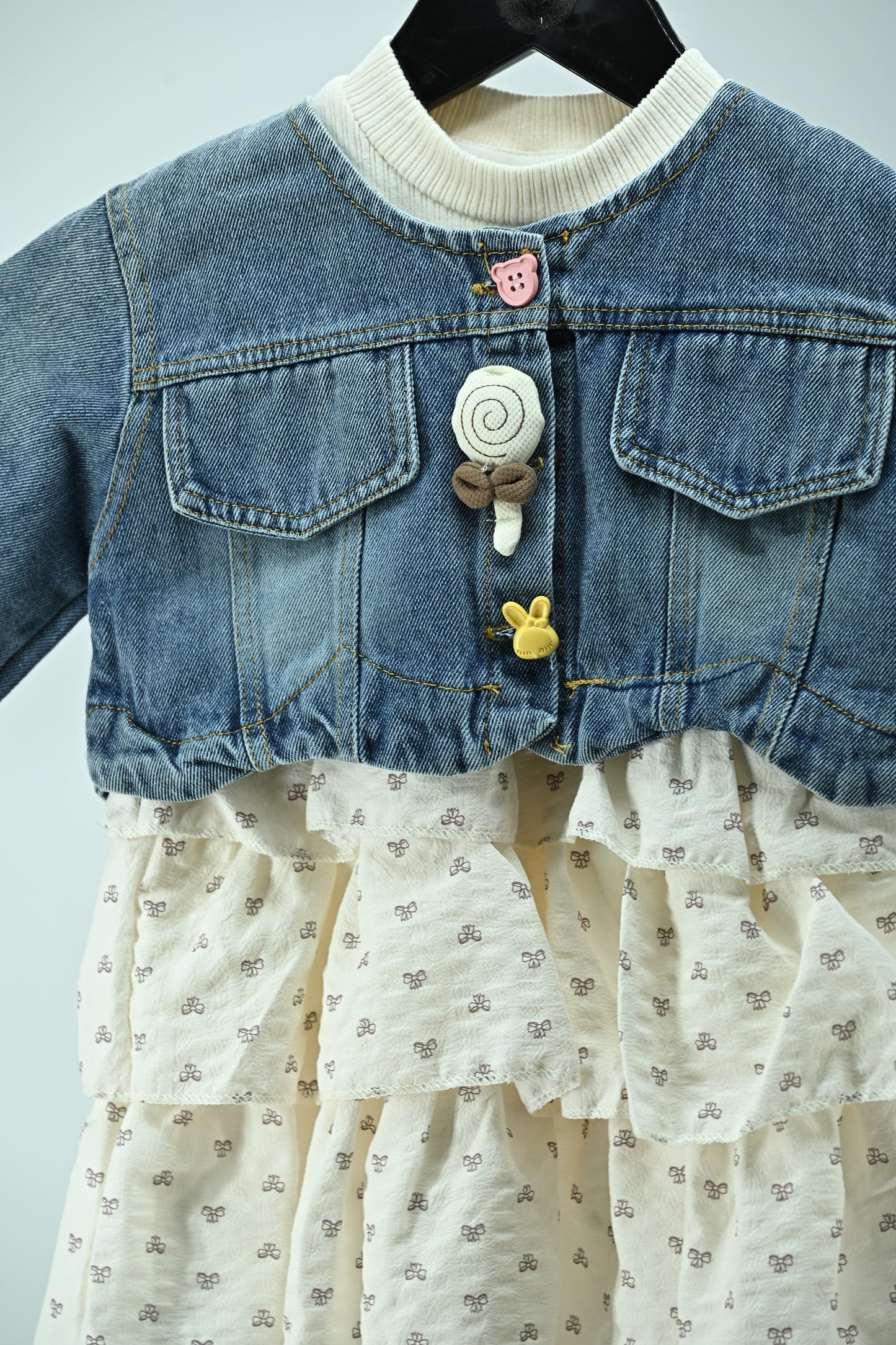 Girls Denim Jacket Dress with Cotton Printed Skirt (2-Piece Set)