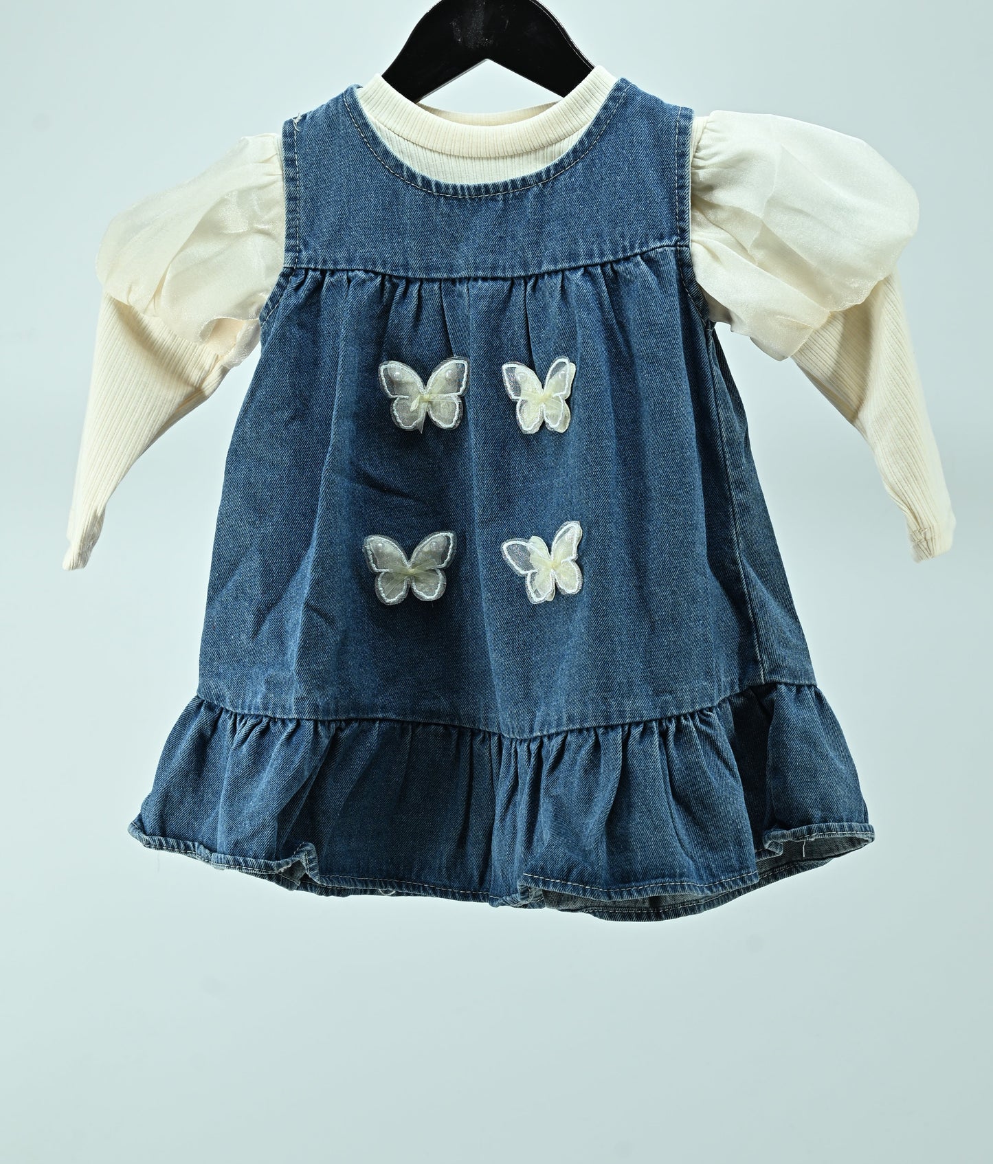 Girls Butterfly Denim Dress with Cotton Puff Sleeve Top (2-Piece Set)