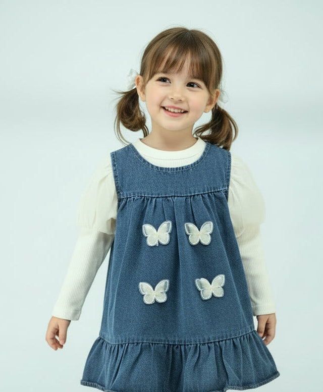 Girls Butterfly Denim Dress with Cotton Puff Sleeve Top (2-Piece Set)