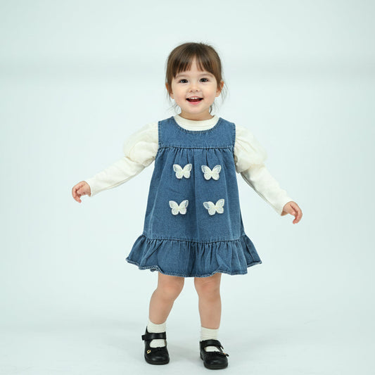 Girls Butterfly Denim Dress with Cotton Puff Sleeve Top (2-Piece Set)