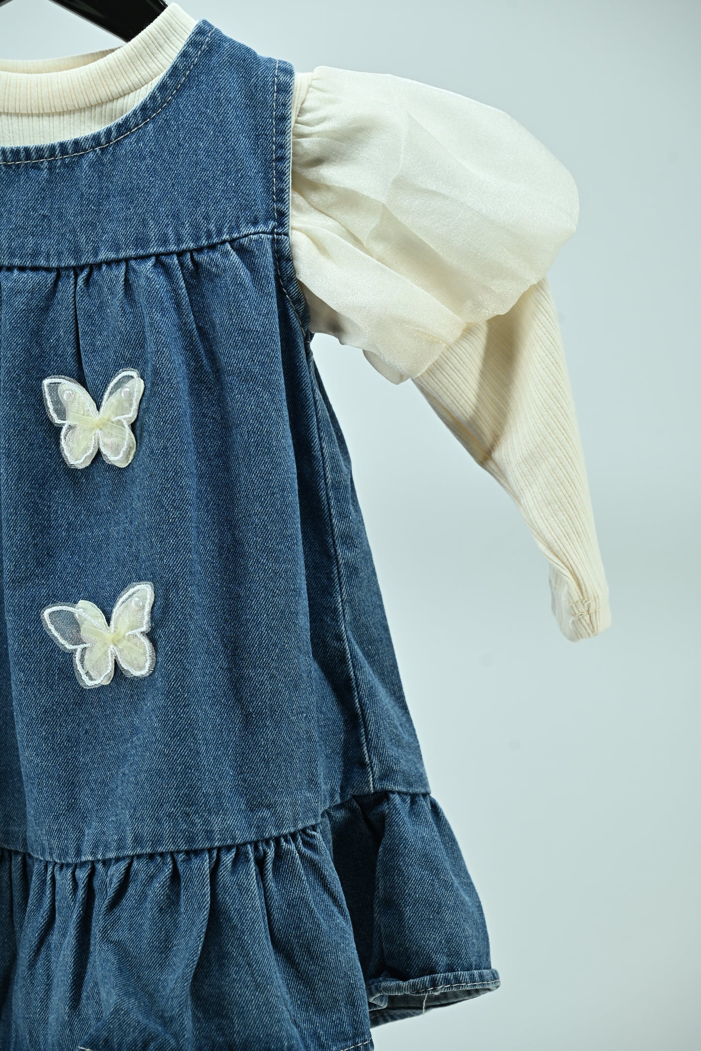 Girls Butterfly Denim Dress with Cotton Puff Sleeve Top (2-Piece Set)
