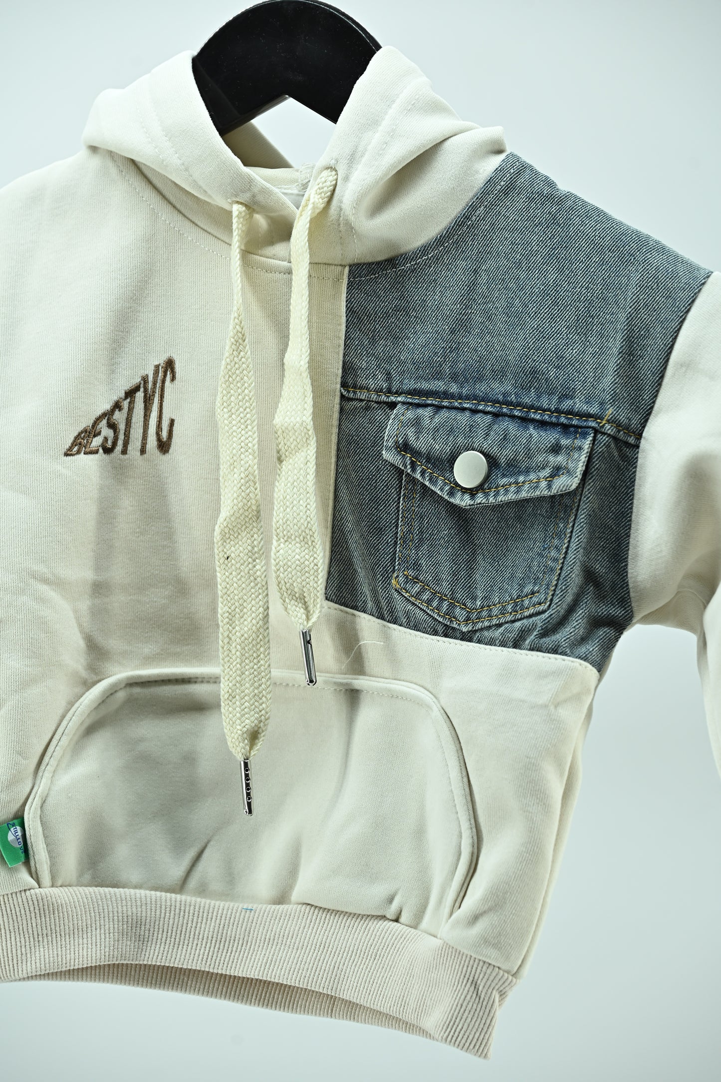 Boys White Cotton Denim Patch Hoodie Summer