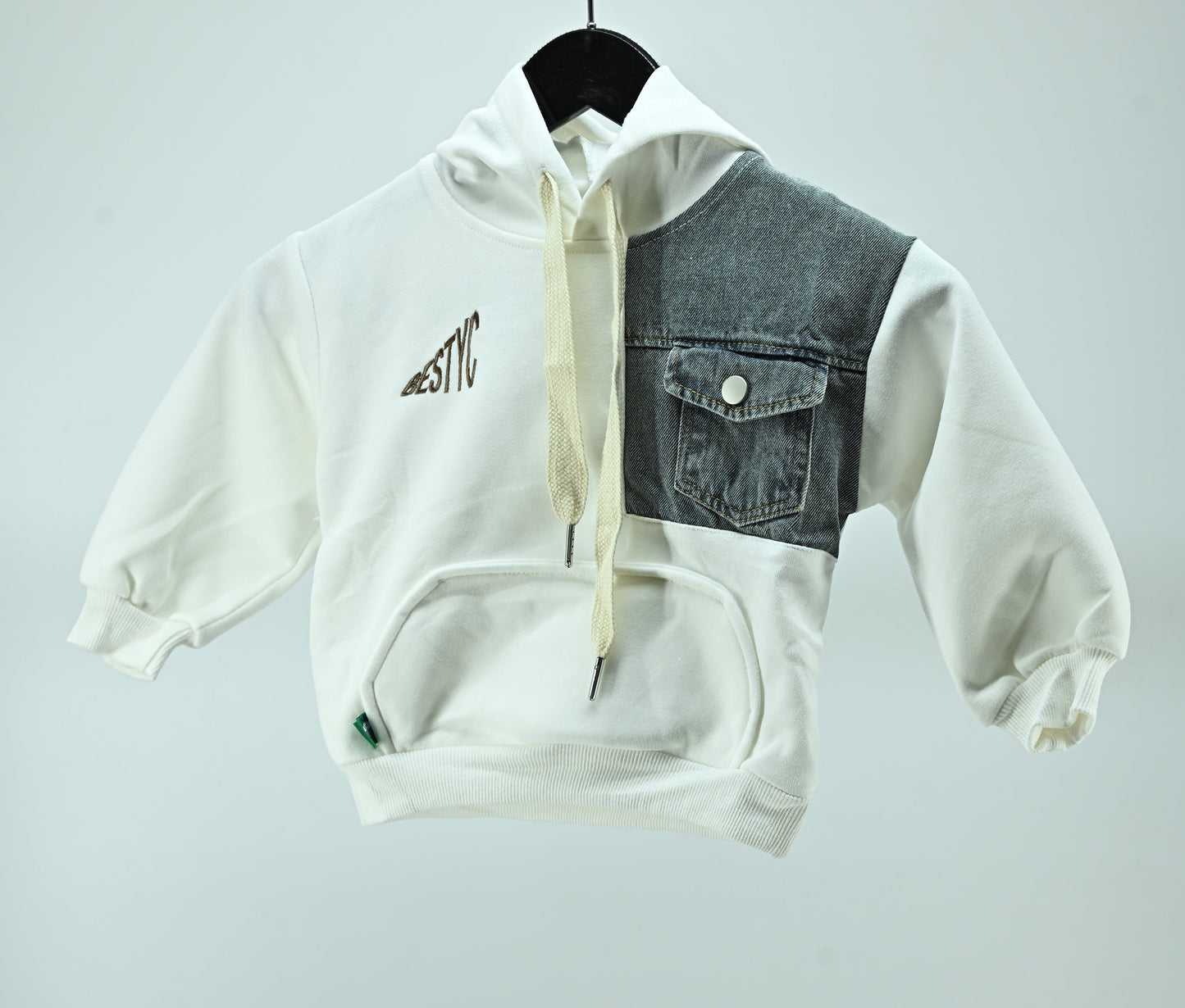 Boys White Cotton Denim Patch Hoodie Summer
