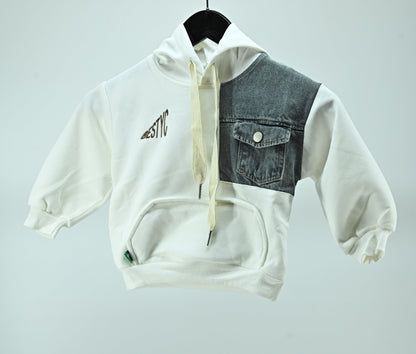 Boys White Cotton Denim Patch Hoodie Summer