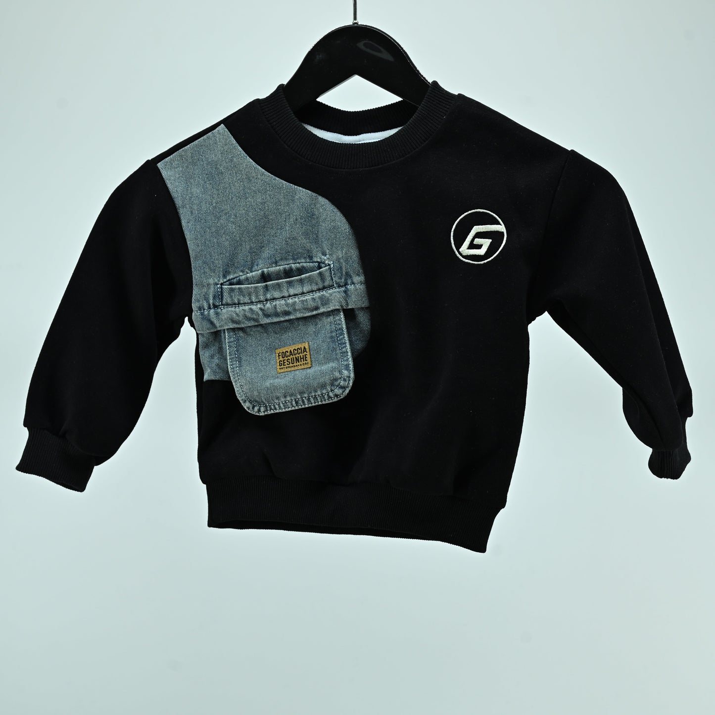 Boys Black Denim Patch Pocket Sweatshirt T-Shirt