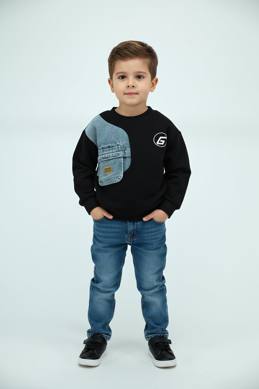 Boys Black Denim Patch Pocket Sweatshirt T-Shirt