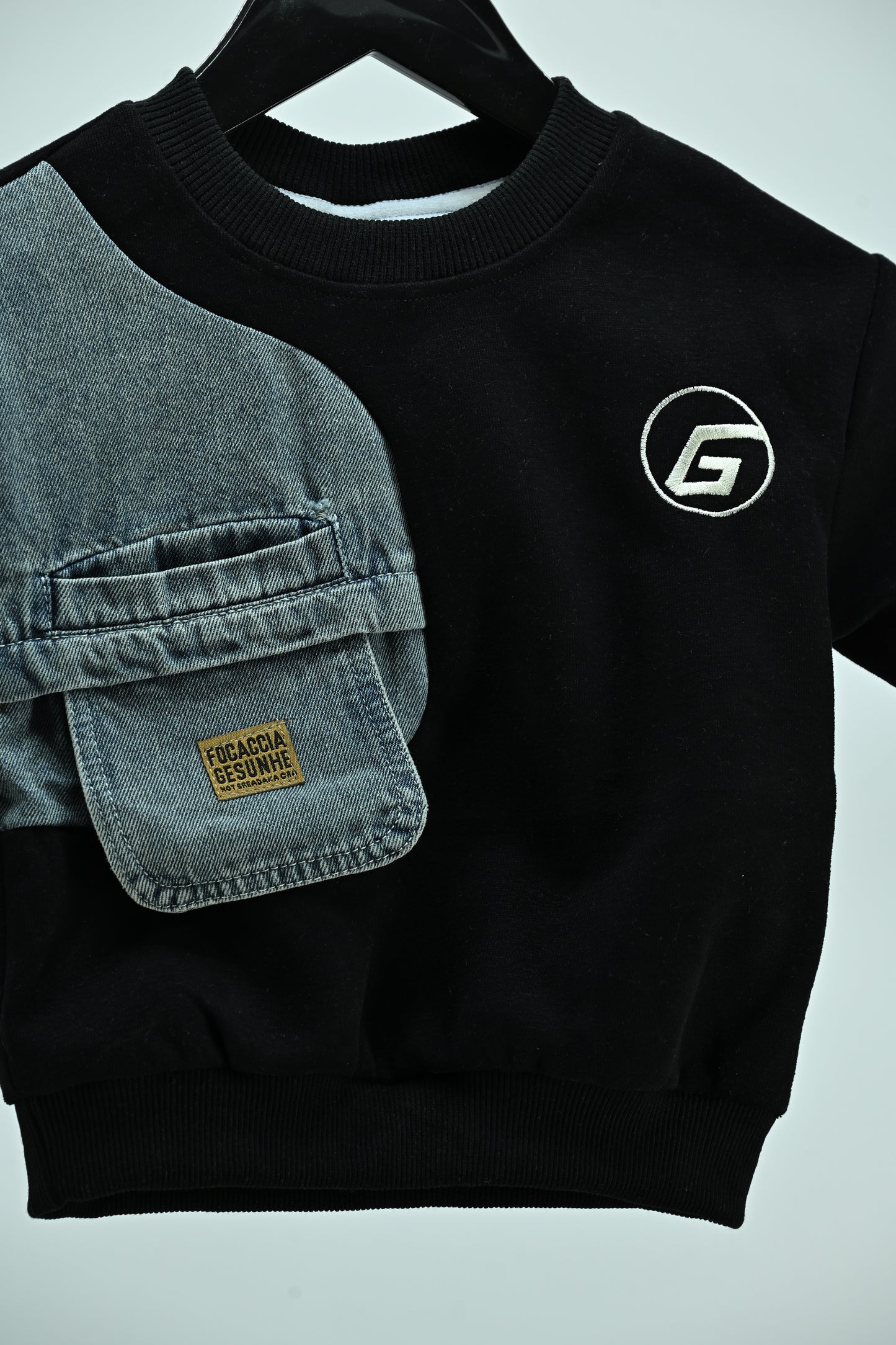 Boys Black Denim Patch Pocket Sweatshirt T-Shirt