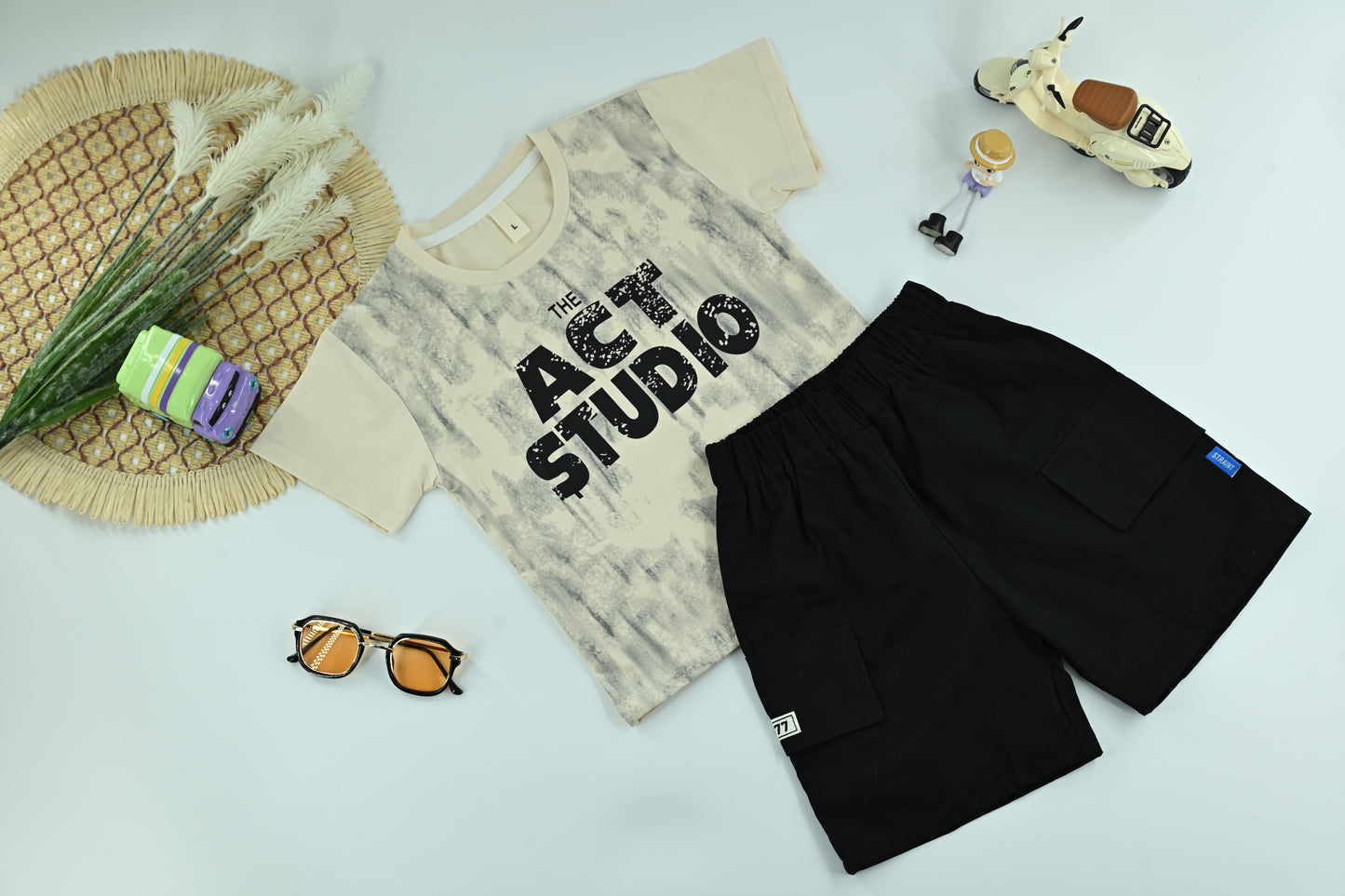 Boys “Act Studio” Graphic T-Shirt and Black Shorts 2-Piece Set-Model 1