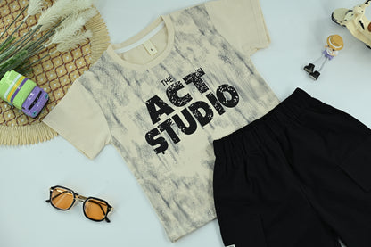 Boys “Act Studio” Graphic T-Shirt and Black Shorts 2-Piece Set-Model 1