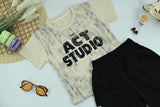 Boys “Act Studio” Graphic T-Shirt and Black Shorts 2-Piece Set-Model 1