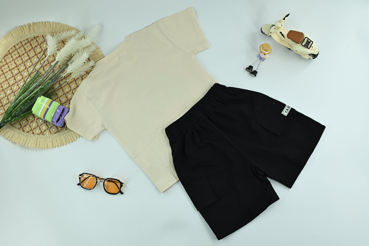 Boys “Act Studio” Graphic T-Shirt and Black Shorts 2-Piece Set-Model 1