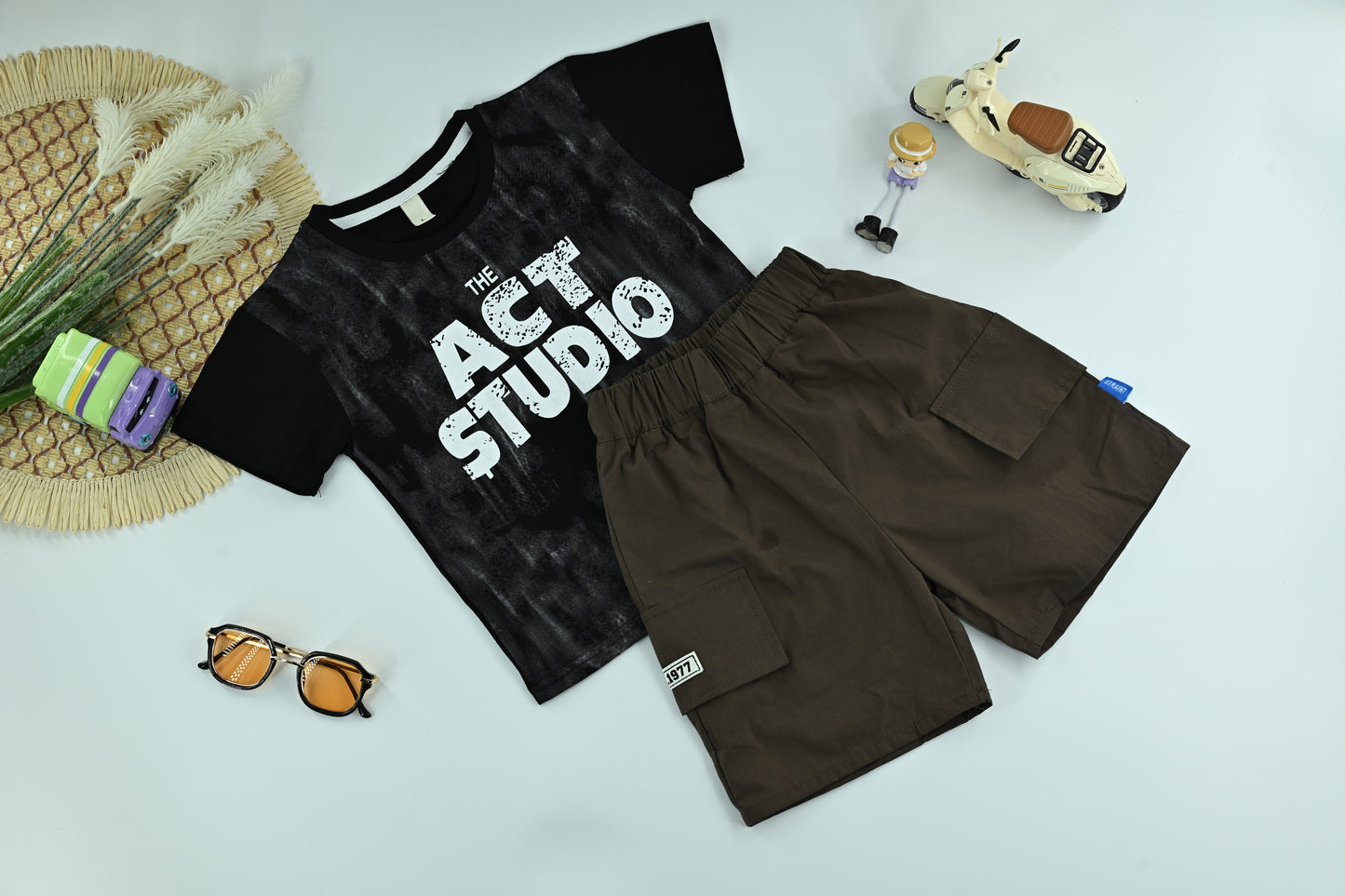Boys “Act Studio” Graphic T-Shirt and Black Shorts 2-Piece Set-Model 1