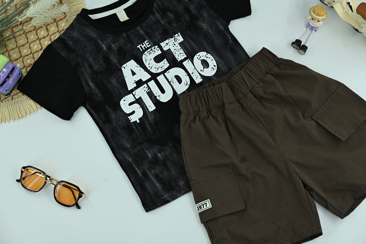 Boys “Act Studio” Black Graphic T-Shirt and Cargo Shorts 2-Piece Set