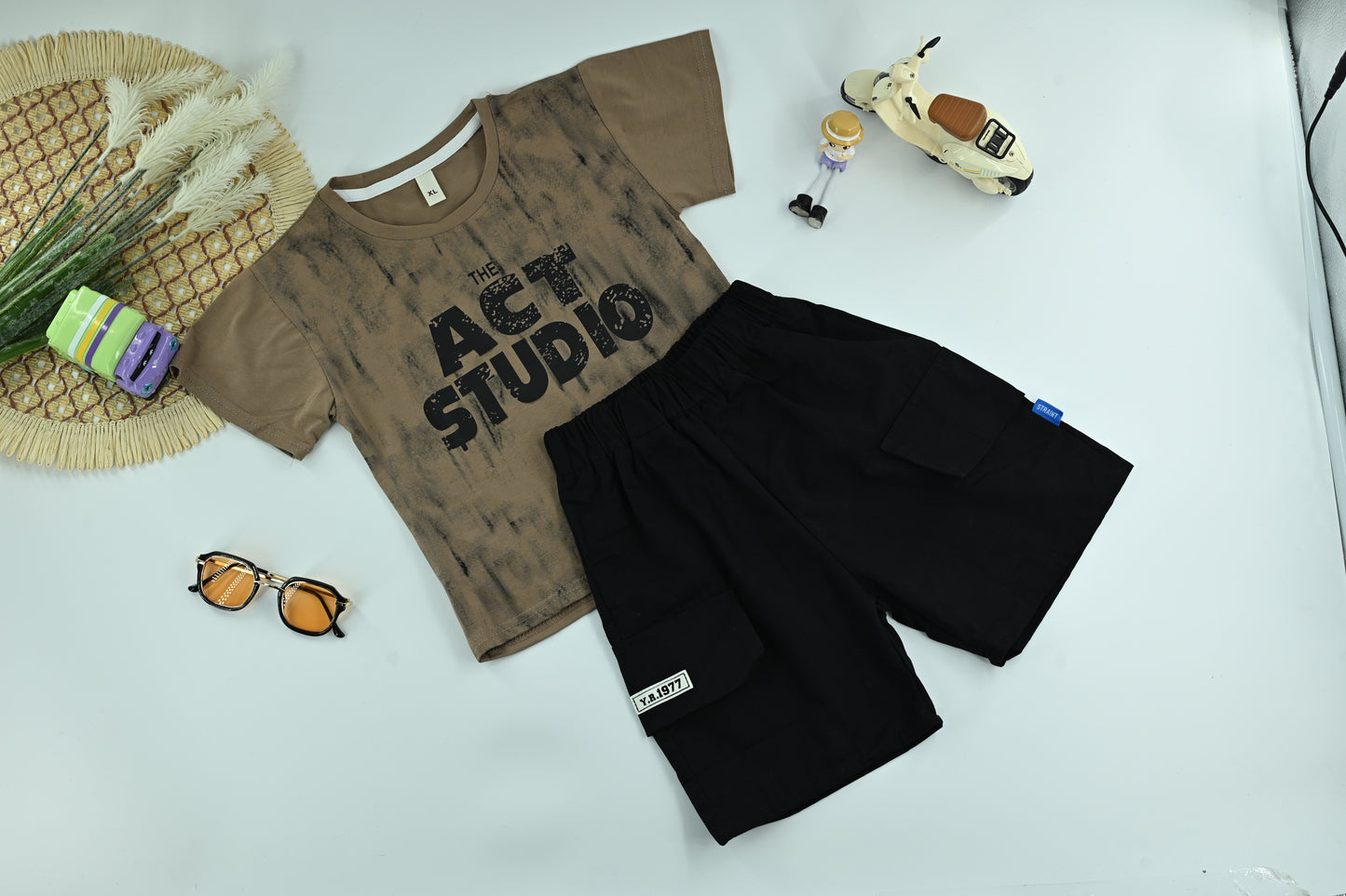 Boys “Act Studio” Brown Graphic T-Shirt and Black Cargo Shorts 2-Piece Set