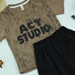 Boys “Act Studio” Brown Graphic T-Shirt and Black Cargo Shorts 2-Piece Set