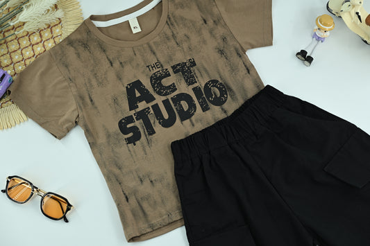 Boys “Act Studio” Brown Graphic T-Shirt and Black Cargo Shorts 2-Piece Set