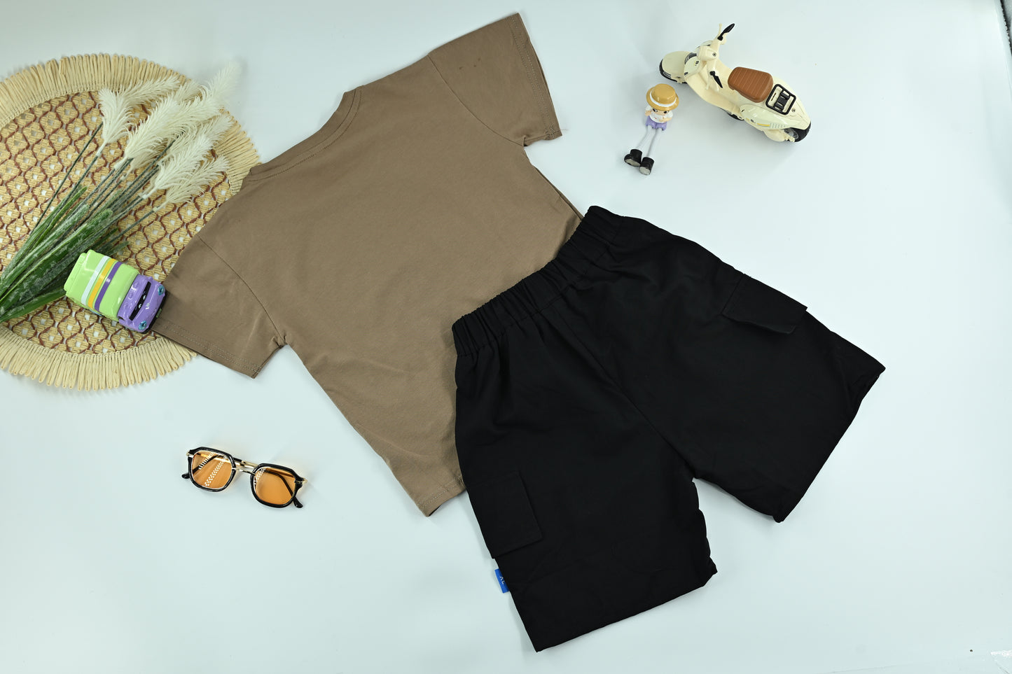 Boys “Act Studio” Brown Graphic T-Shirt and Black Cargo Shorts 2-Piece Set