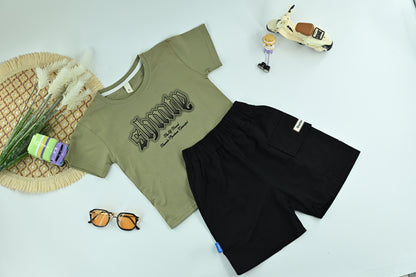 Boys Graphic Olive Green T-Shirt with Black Cargo Shorts – 2-Piece Set