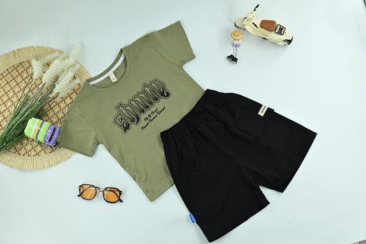 Boys Graphic Olive Green T-Shirt with Black Cargo Shorts – 2-Piece Set