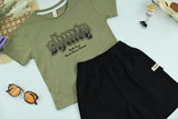 Boys Graphic Olive Green T-Shirt with Black Cargo Shorts – 2-Piece Set
