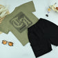 Boys Graphic Olive Green T-Shirt with Black Cargo Shorts – 2-Piece Set