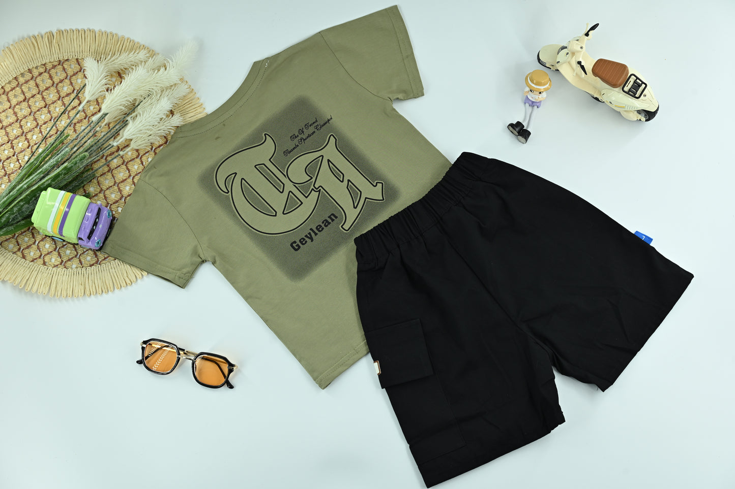 Boys Graphic Olive Green T-Shirt with Black Cargo Shorts – 2-Piece Set