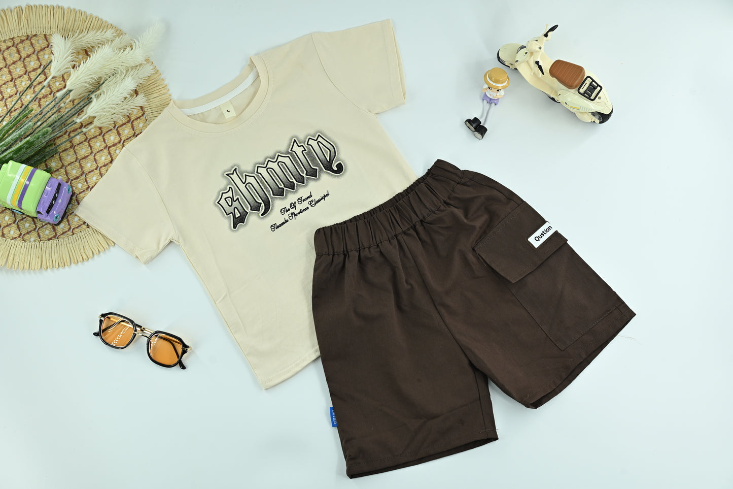 Boys  Black Graphic T-Shirt with Olive Cargo Shorts – 2-Piece Set