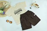 Boys Cream Graphic T-Shirt with Brown Cargo Shorts – 2-Piece Set