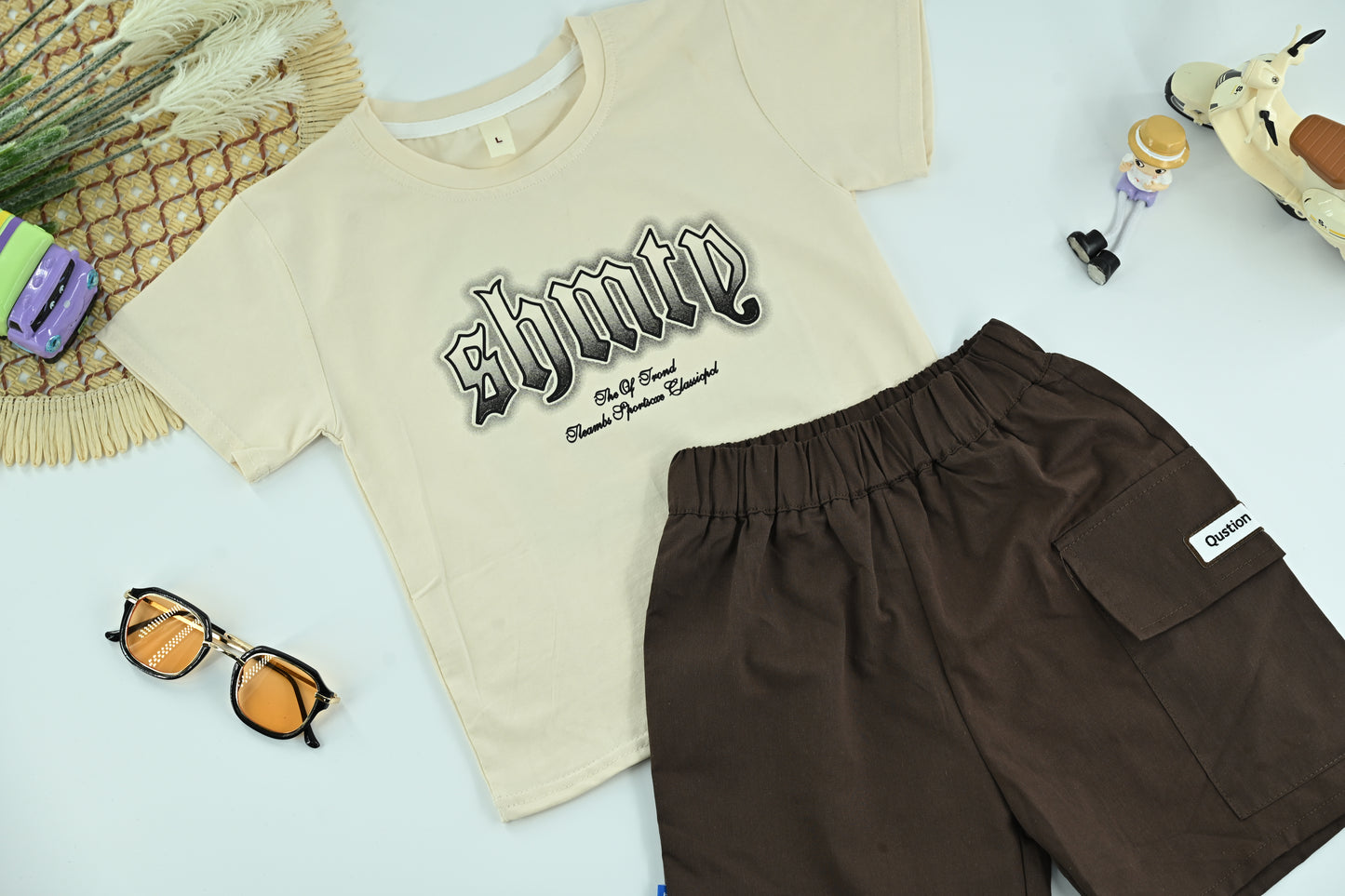Boys Cream Graphic T-Shirt with Brown Cargo Shorts – 2-Piece Set