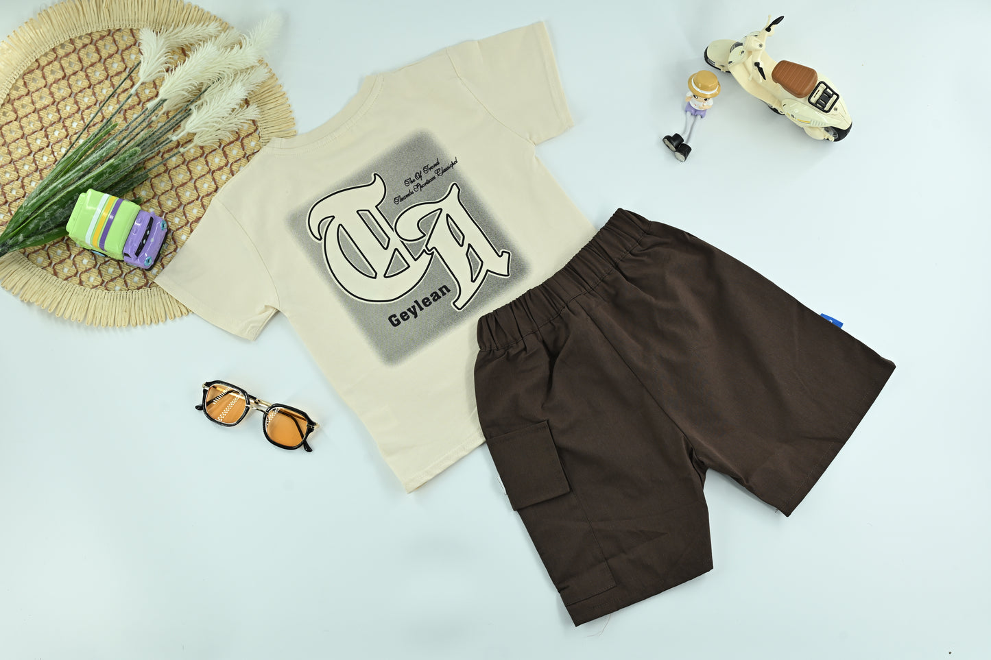 Boys Cream Graphic T-Shirt with Brown Cargo Shorts – 2-Piece Set