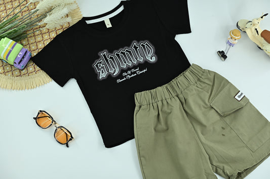 Boys  Black Graphic T-Shirt with Olive Cargo Shorts – 2-Piece Set