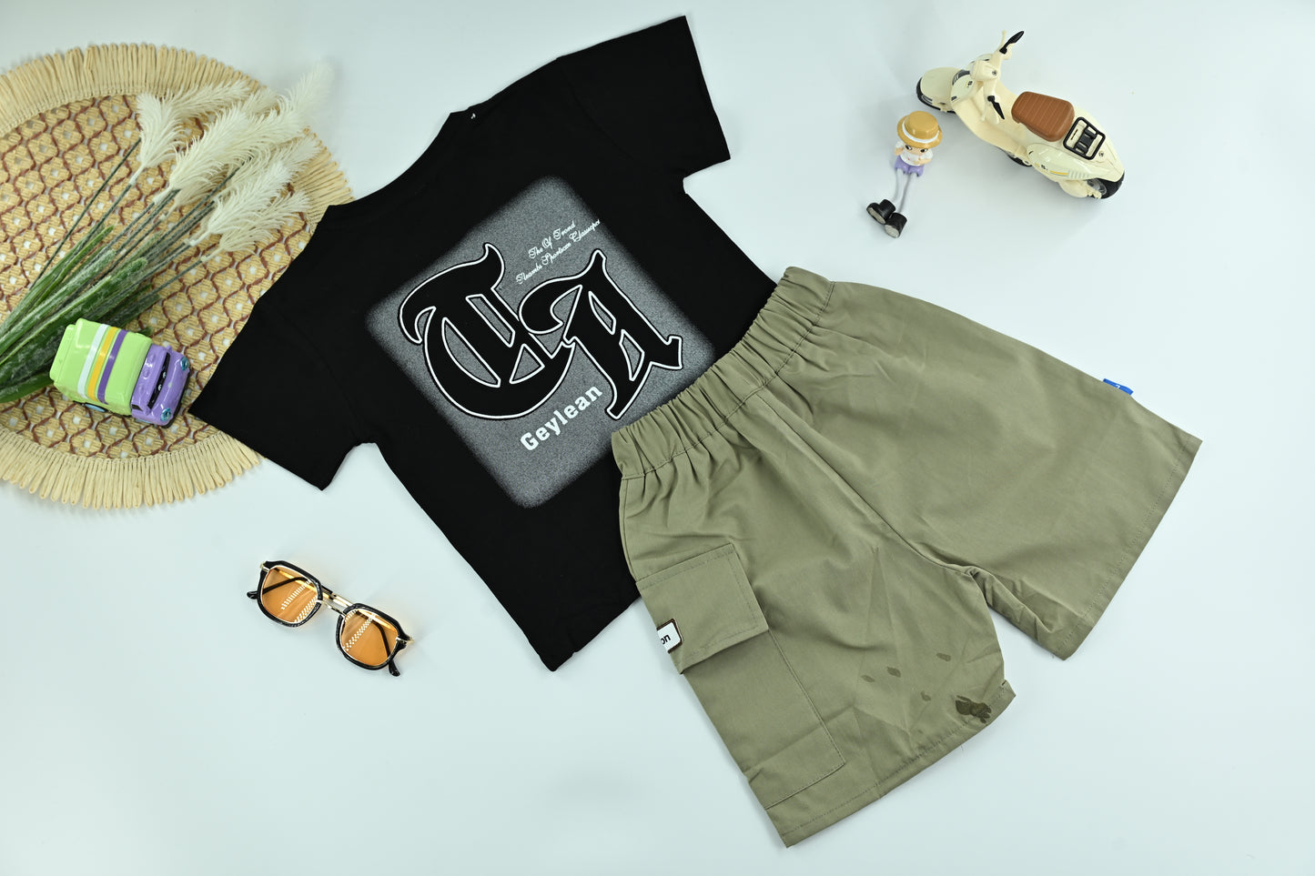 Boys  Black Graphic T-Shirt with Olive Cargo Shorts – 2-Piece Set