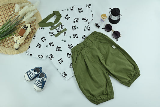 Kid's  Panda Print White T-Shirt with Olive Green Pants – 2-Piece Outfit Set