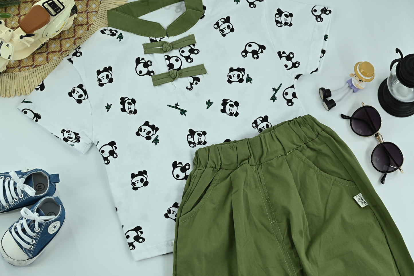 Kid's  Panda Print White T-Shirt with Olive Green Pants – 2-Piece Outfit Set