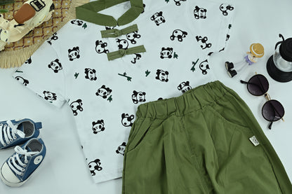 Kid's  Panda Print White T-Shirt with Olive Green Pants – 2-Piece Outfit Set