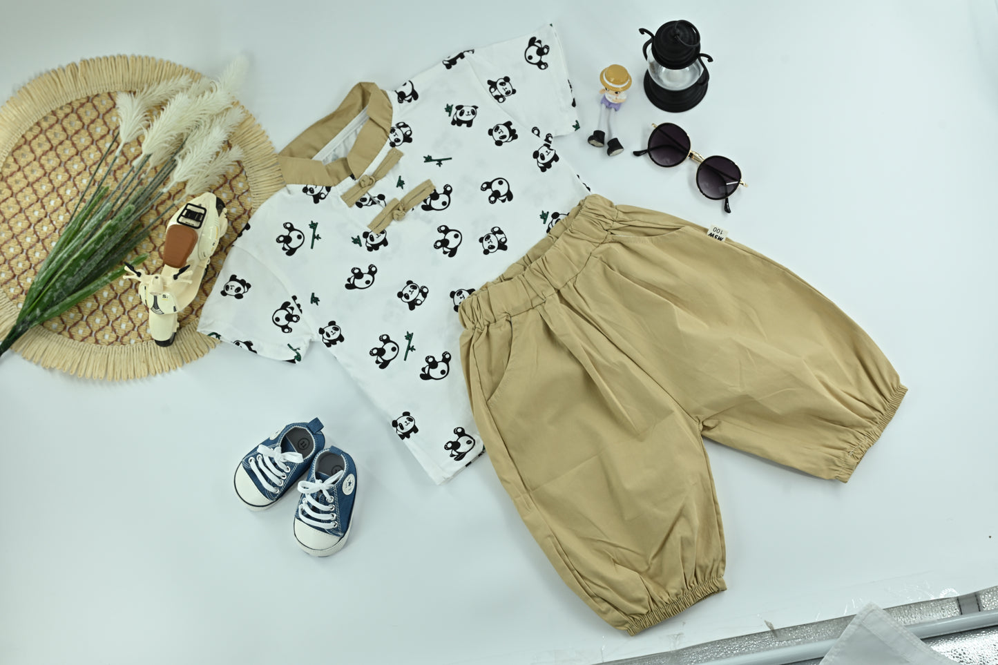Boys Panda Print White T-Shirt with Beige Pants – 2-Piece Outfit Set
