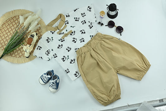 Boys Panda Print White T-Shirt with Beige Pants – 2-Piece Outfit Set