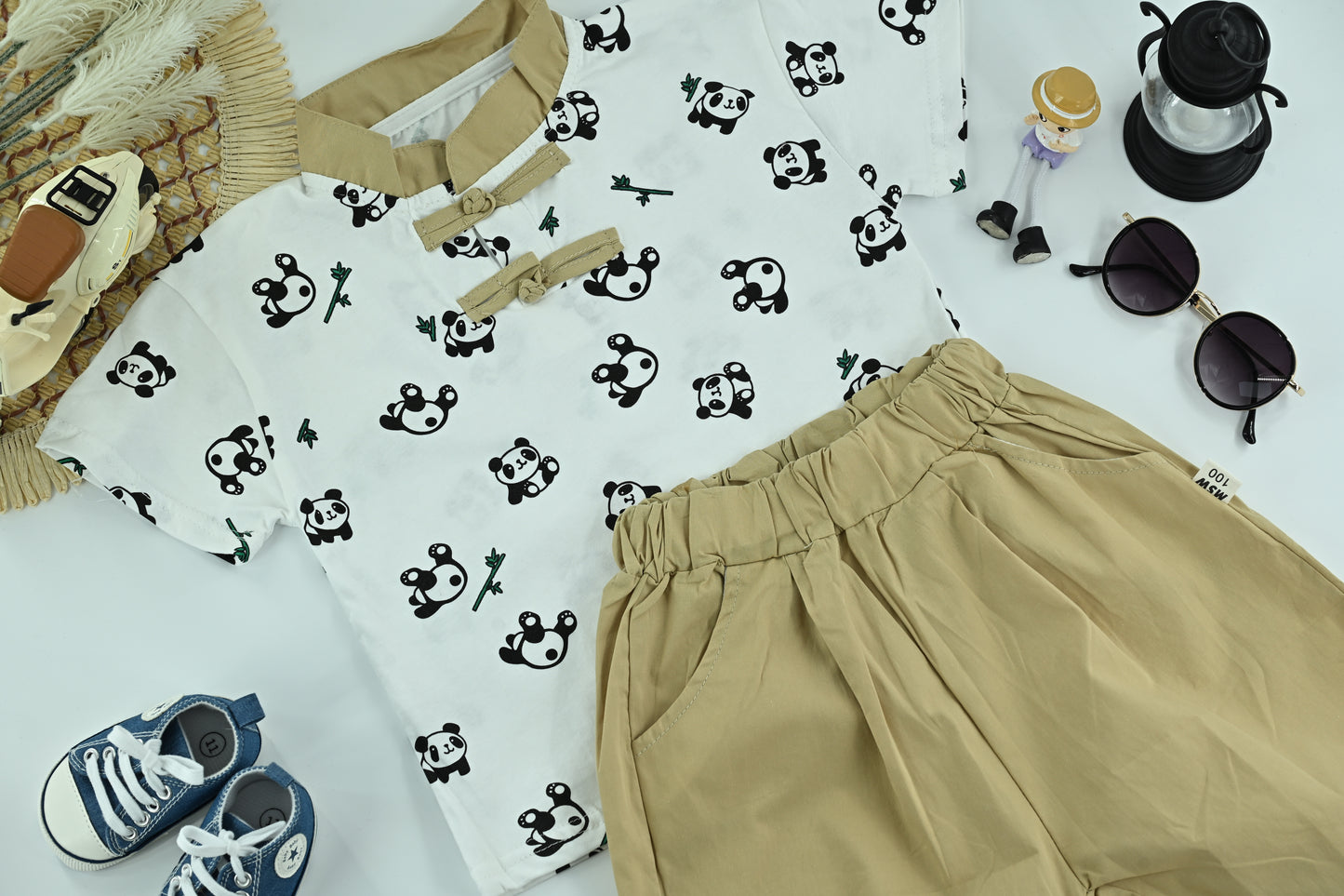 Boys Panda Print White T-Shirt with Beige Pants – 2-Piece Outfit Set