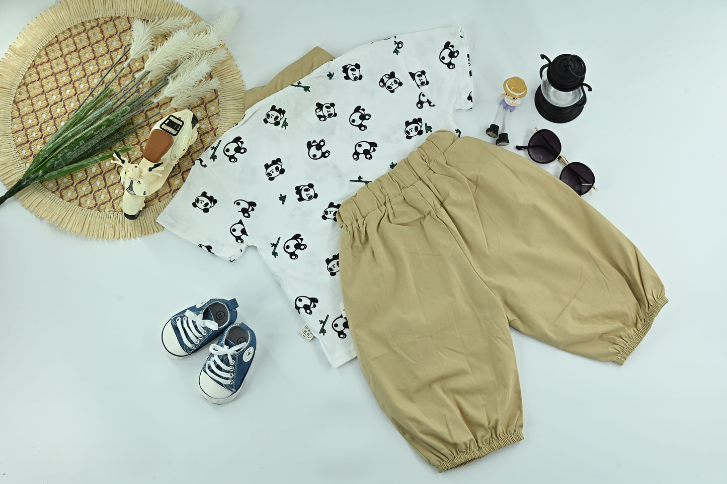 Boys Panda Print White T-Shirt with Beige Pants – 2-Piece Outfit Set
