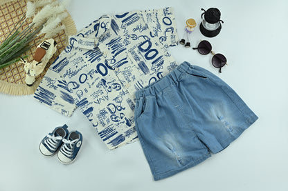 Boys Blue Graffiti Print Shirt with Light Denim Shorts – 2-Piece Outfit Set