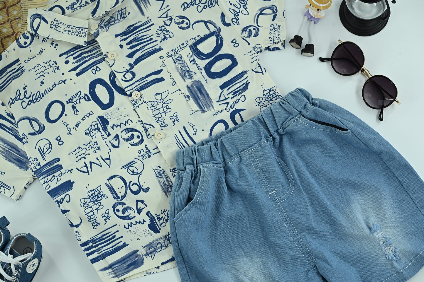Boys Blue Graffiti Print Shirt with Light Denim Shorts – 2-Piece Outfit Set