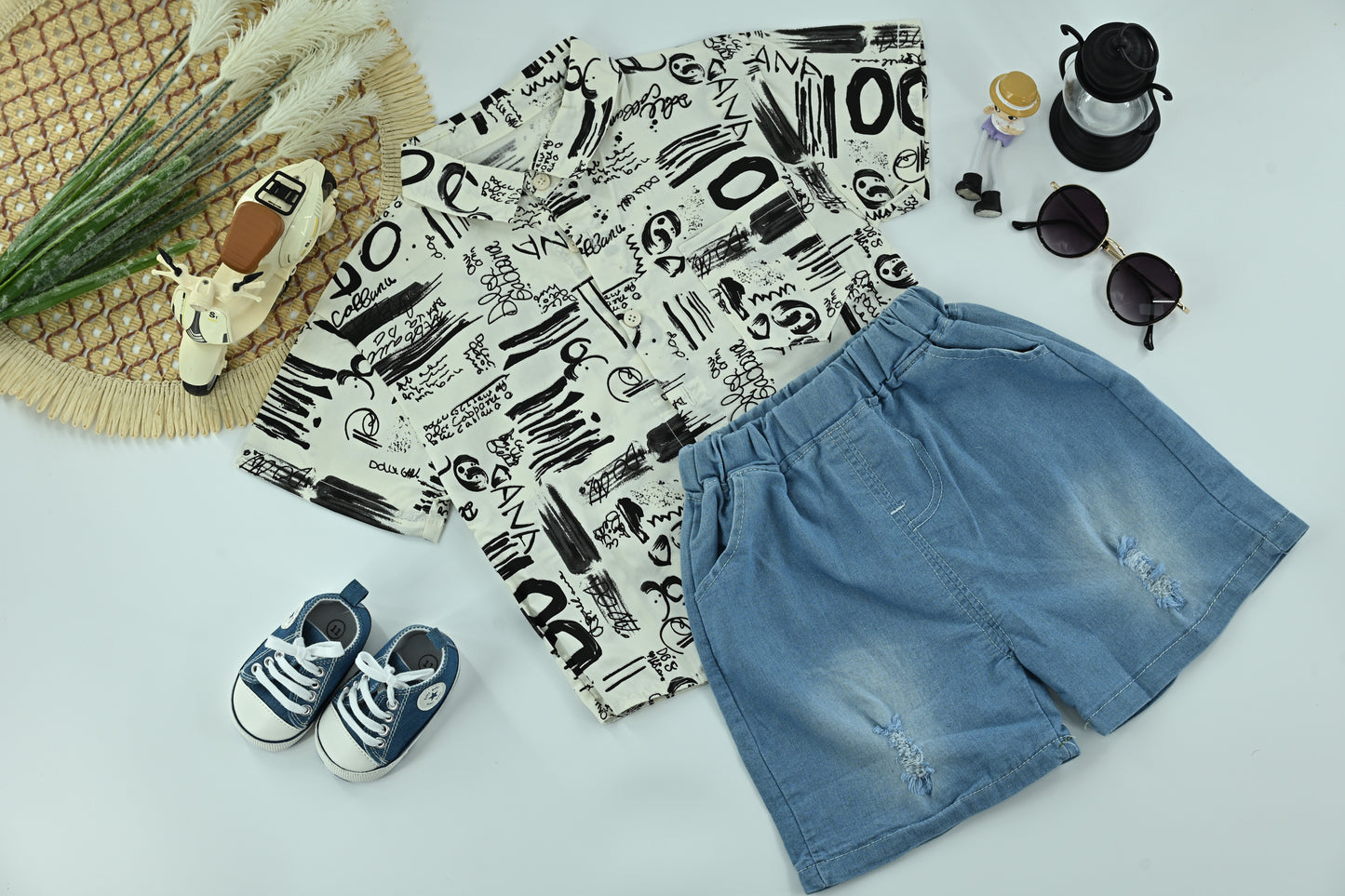 Boys Blue Graffiti Print Shirt with Light Denim Shorts – 2-Piece Outfit Set
