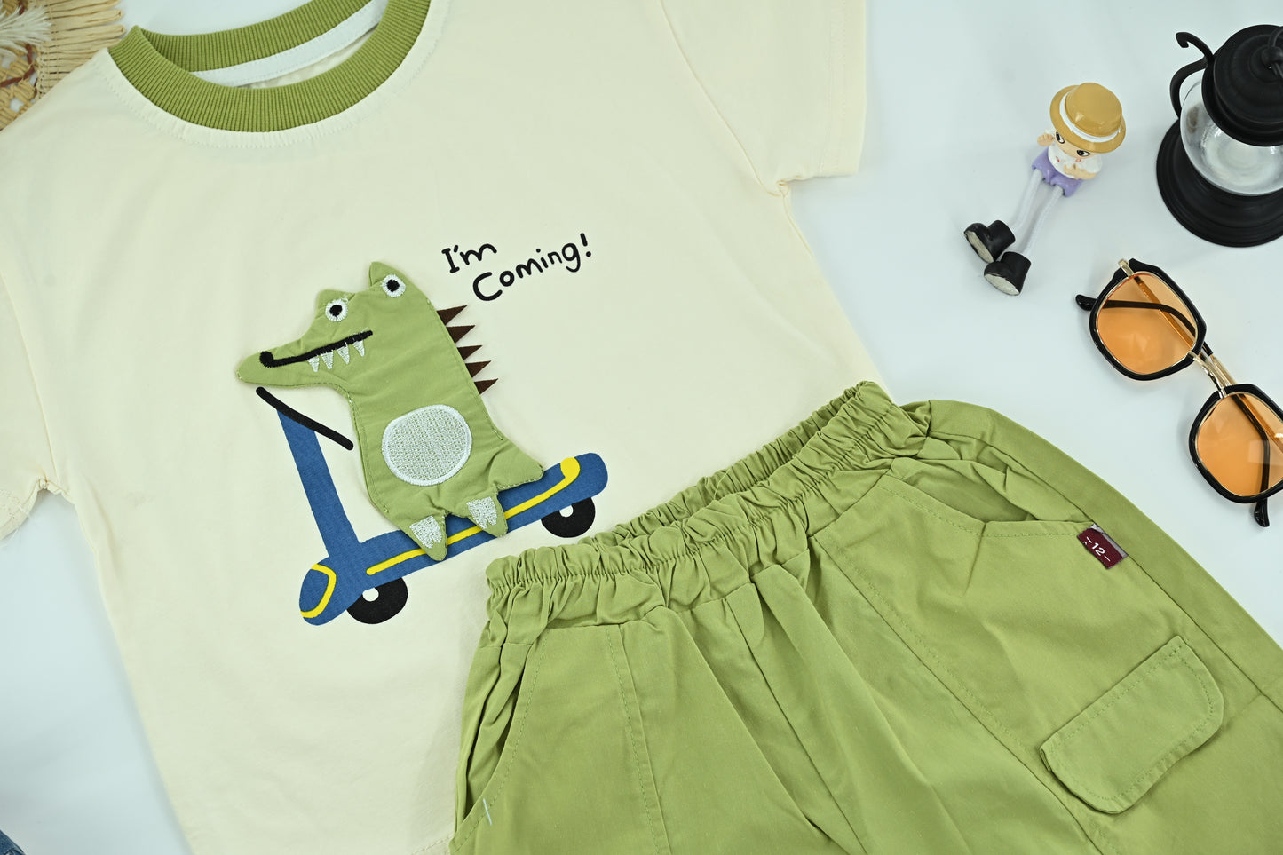 Little Dino Rider T-Shirt  Green Shorts Set