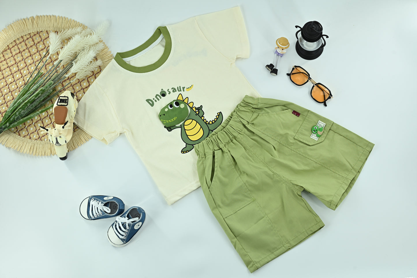 Little Dino Fun T-Shirt  Green Shorts Set