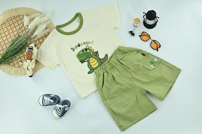 Little Dino Fun T-Shirt  Green Shorts Set