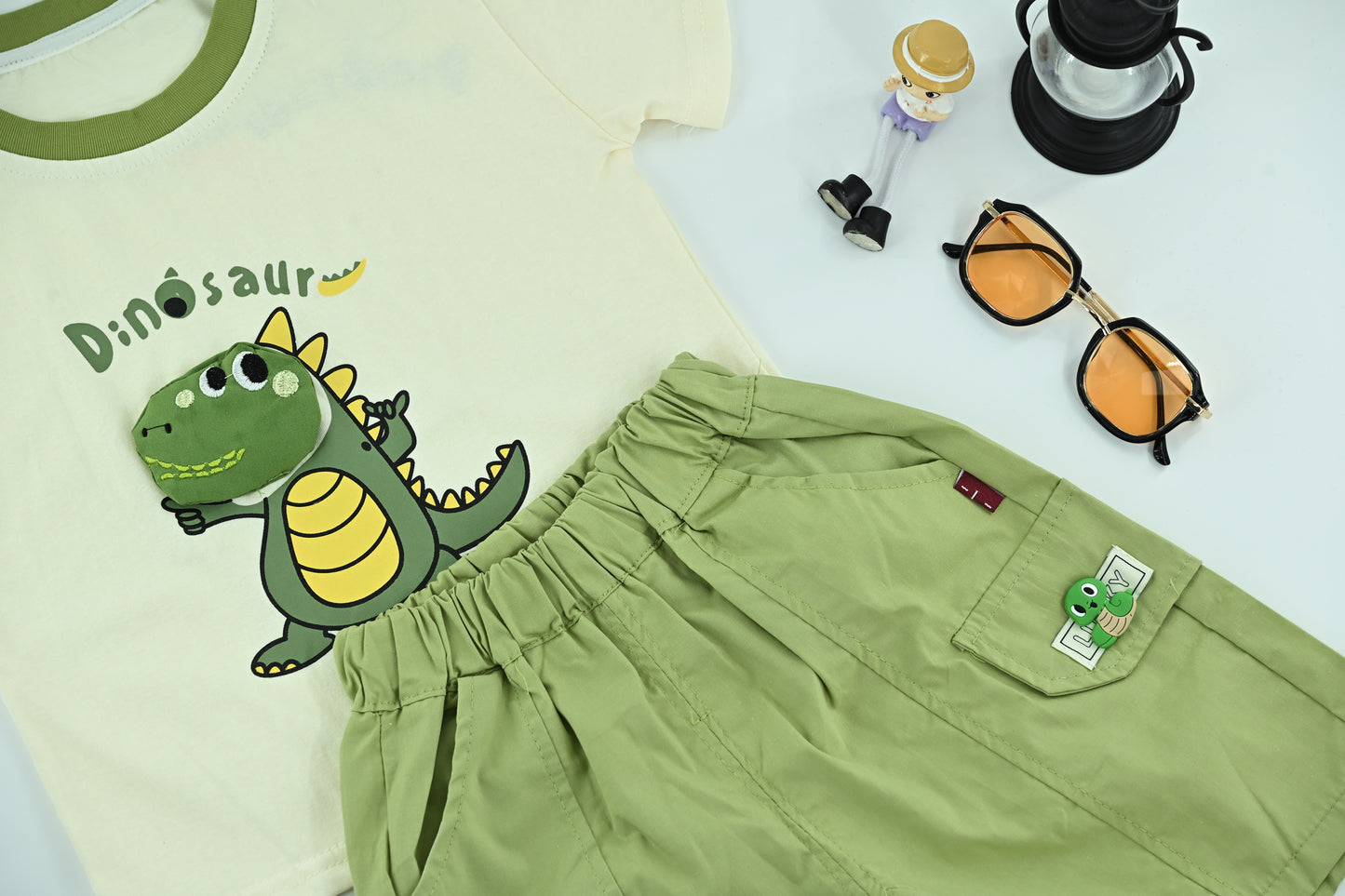 Little Dino Fun T-Shirt  Green Shorts Set