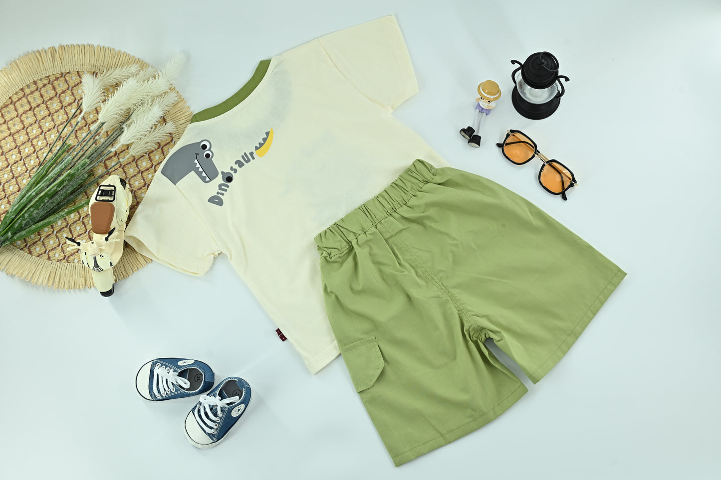 Little Dino Fun T-Shirt  Green Shorts Set